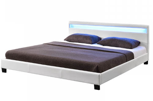 Bílá kožená dvoulůžková postel s LED osvětlením