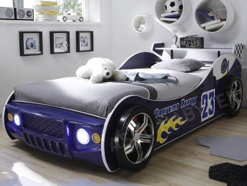 Dětská postel modré závodní auto s osvětlením