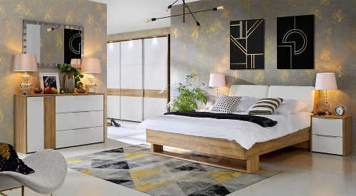 Moderní ložnice s dřevěnou postelí