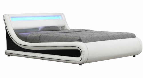 Manželská postel polstrovaná čenou a bílou ekokůží s RGB LED osvětlením