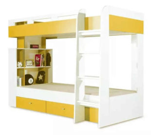 Žluto-bílá poschoďová postel s úložnými prostory