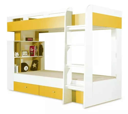 Žluto-bílá poschoďová postel s úložnými prostory