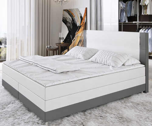 Bílo-šedá luxusní Box Spring postel s LED osvětlením