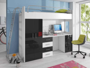 Černobílá multifunkční patrová postel se šatní skříní a PC stolkem