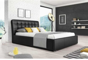 Moderní manželská postel potažená černou eko kůží
