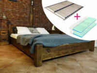 Dvoulůžková postel z borového dřeva včetně roštu i matrace