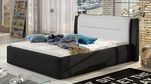 Černobílá čalouněná dvoulůžková postel