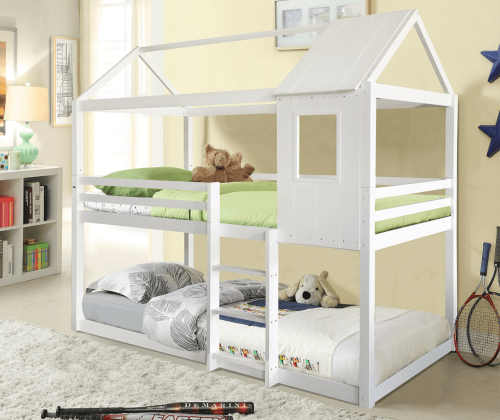 Dětská patrová postel pro 2 děti ve tvaru domečku