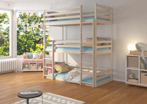 Dřevěná patrová postel s úložným prostorem určená pro 3 děti