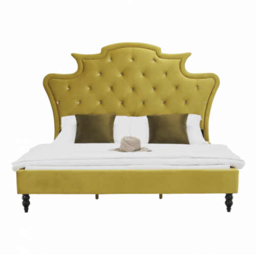 čalouněná postel v kombinaci zlaté a černé