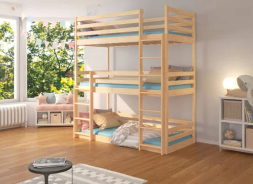 Dětská patrová dřevěná postel pro 3 děti včetně matrace