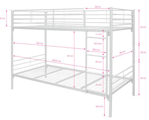 Praktické rozměry kovové poschoďové postele