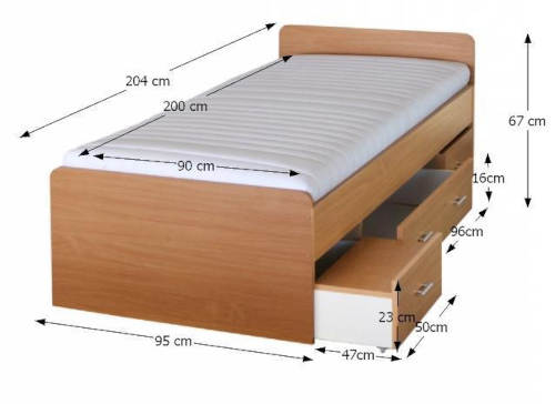 Studentská jednolůžková postel s úložnými šuplíky