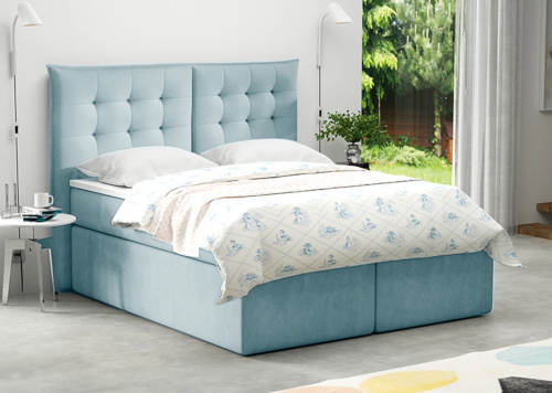 Blankytně modrá čalouněná manželská postel 140 x 200 cm