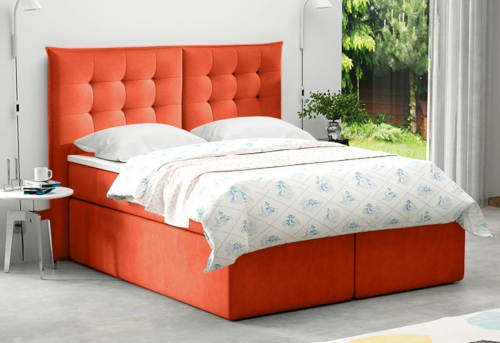 Oranžová čalouněná manželská postel s úložným prostorem