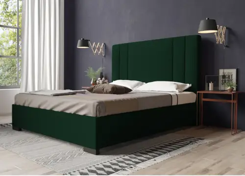 Tmavě zelená postel s vysokým čalouněním